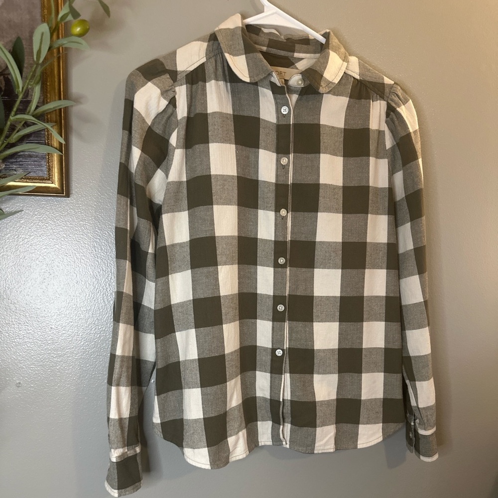LOFT Buffalo Check Button Down Shirt XS Neutral Preppy Coastal Cotton - Picture 4 of 10